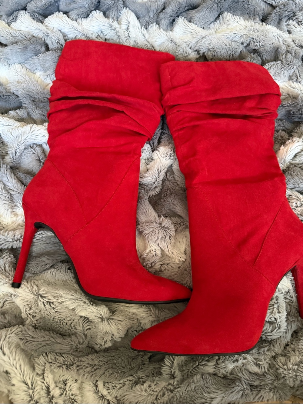 Red Suede Slouch Stiletto Boots - Women's Fashion Knee-High